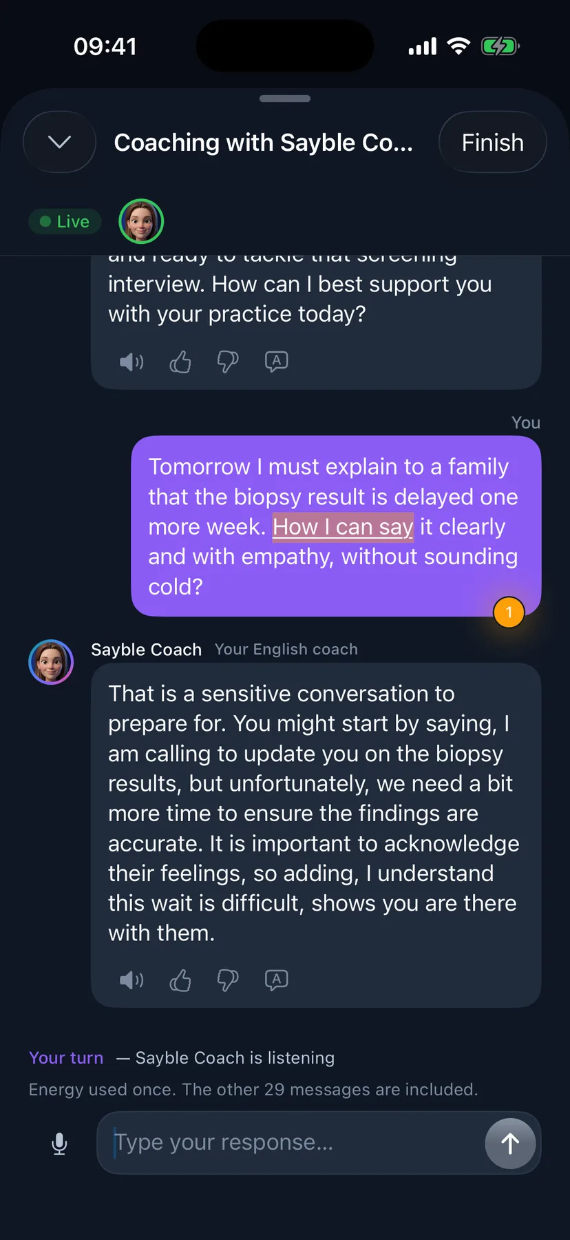 A one-to-one coaching conversation on iPhone — how to tell a family a biopsy result is delayed, with the one slip in the question flagged