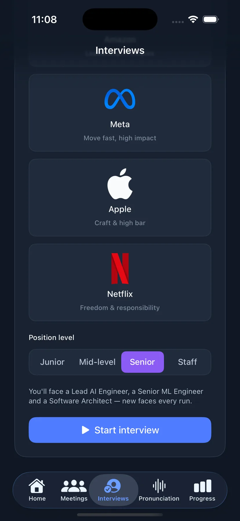 Interview setup on iPhone — pick Meta, Apple or Netflix and a position level