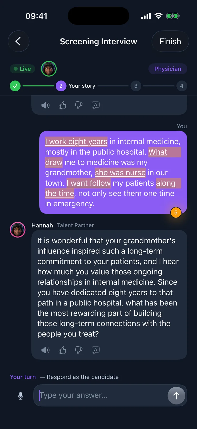 A screening interview on iPhone — a physician's answer with its grammar slips underlined, and the interviewer replying to the substance