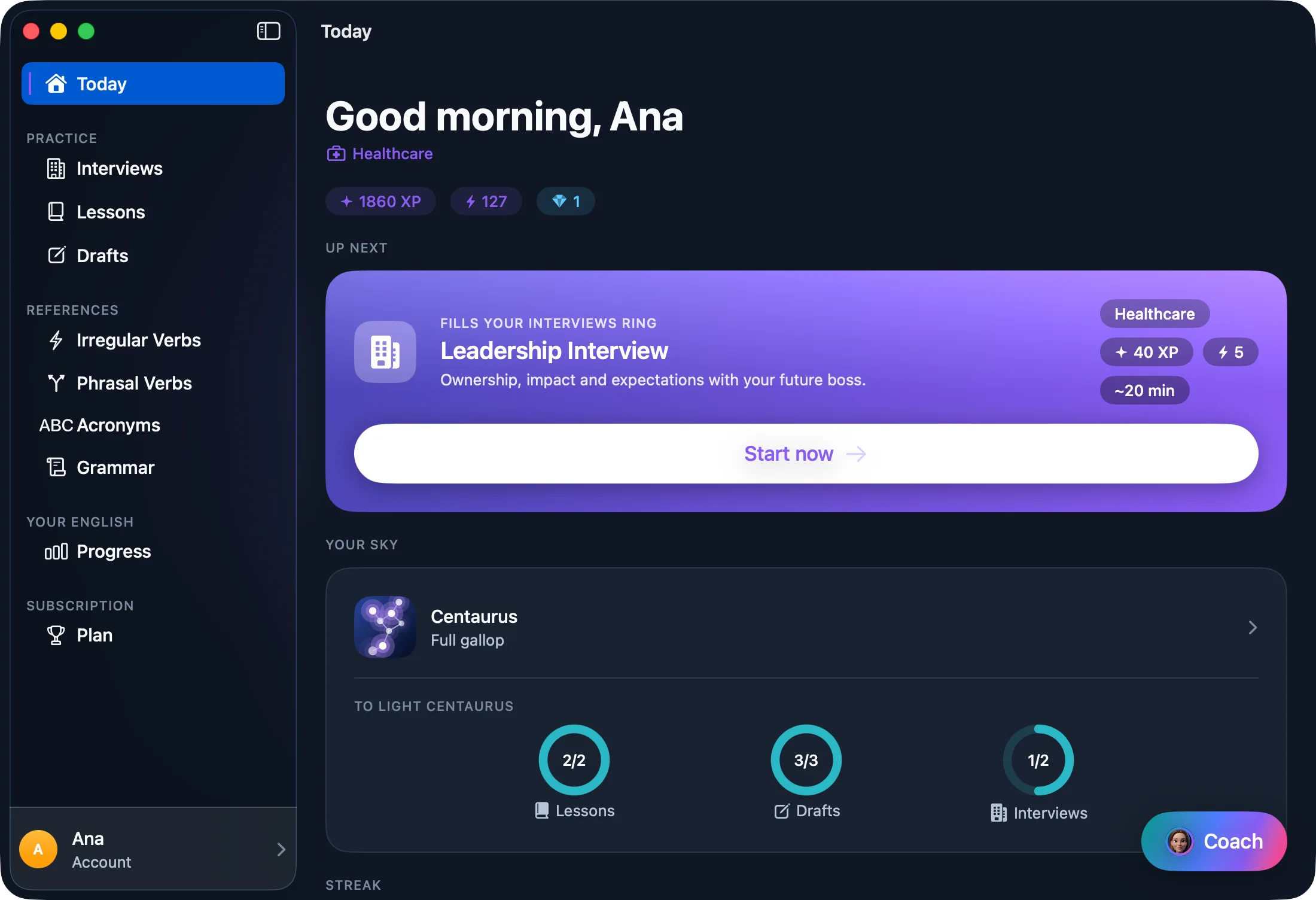 Sayble Home on macOS — the same account, season and sky as everywhere else