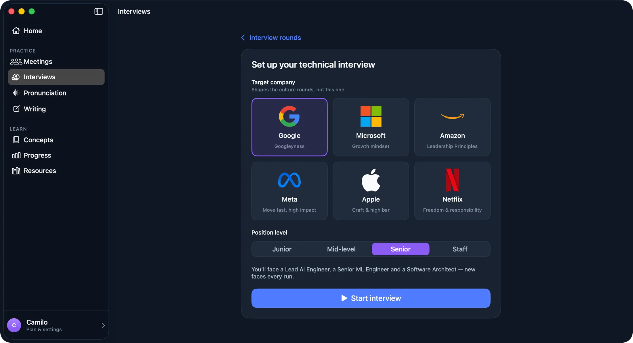 Sayble on macOS — set up a technical interview targeting Google, Microsoft, Amazon, Meta, Apple or Netflix
