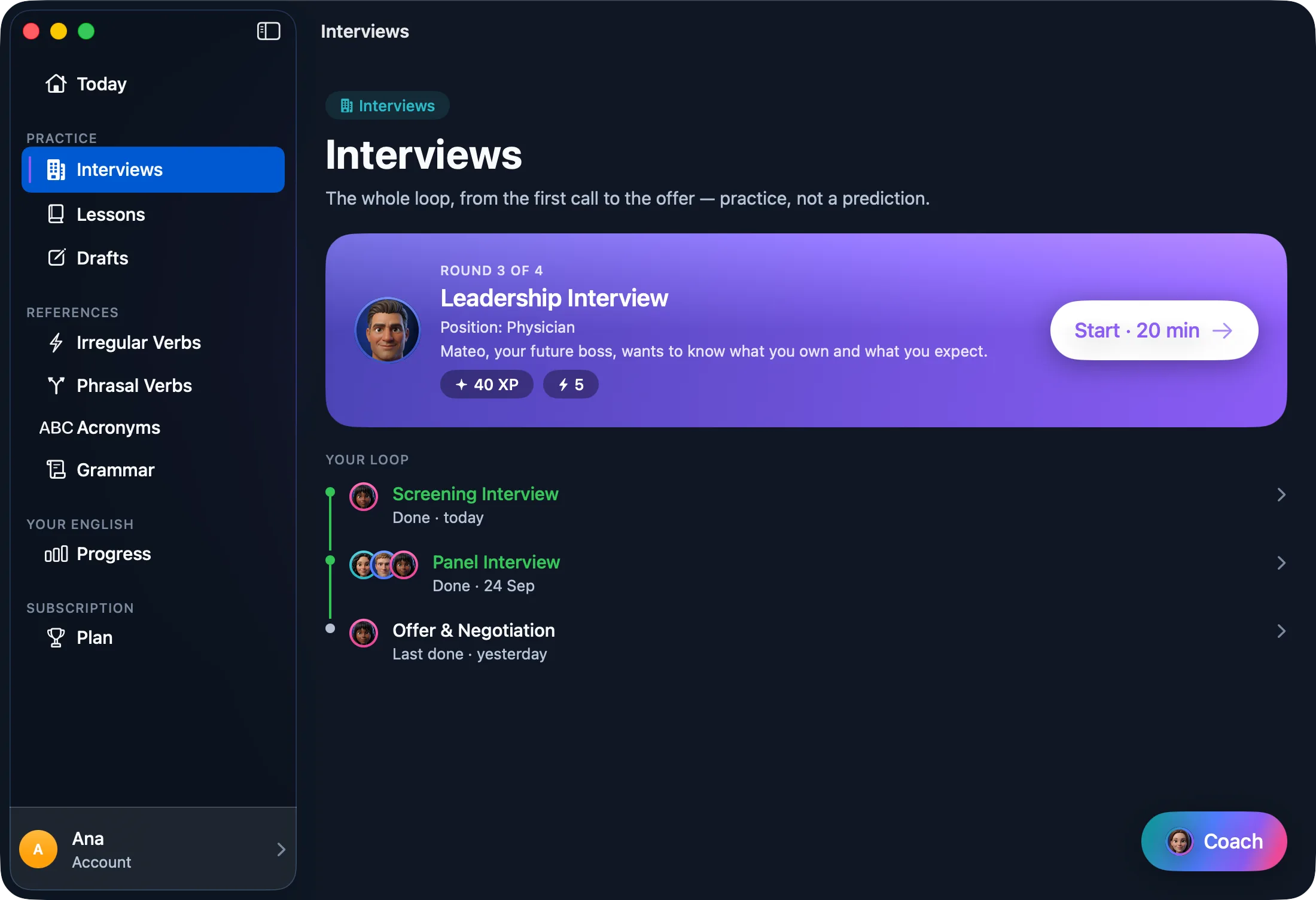 The Interviews loop on macOS — the next round and who runs it up front, the rest of the loop below