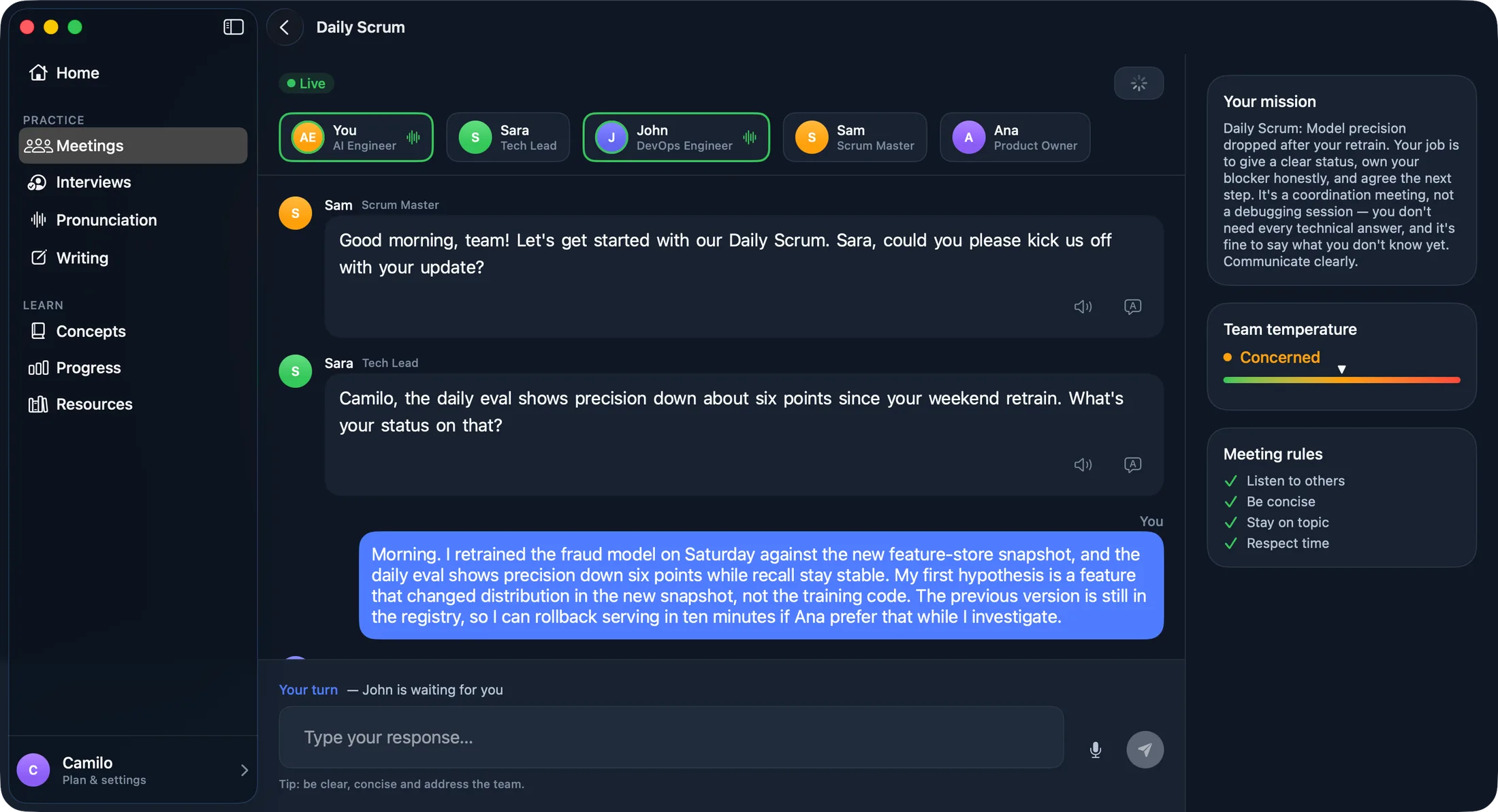 A live Daily Scrum in Sayble with four AI colleagues, your mission and the team temperature